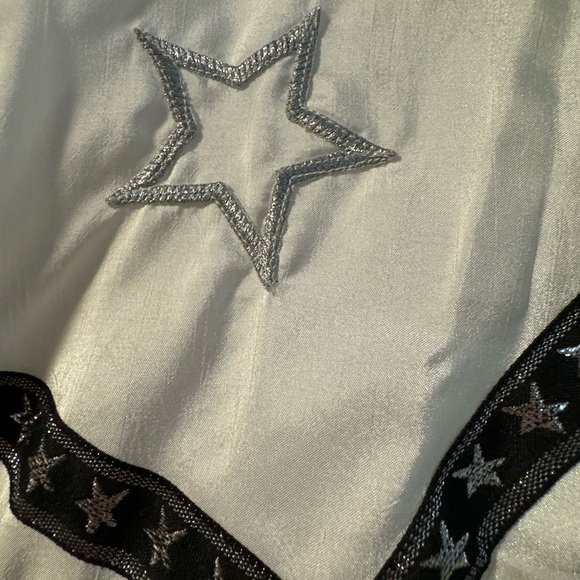 Lavon 80’s Silver & Black Shiny Embroidered Star Bomber Jacket Windbreaker LG - Picture 3 of 15